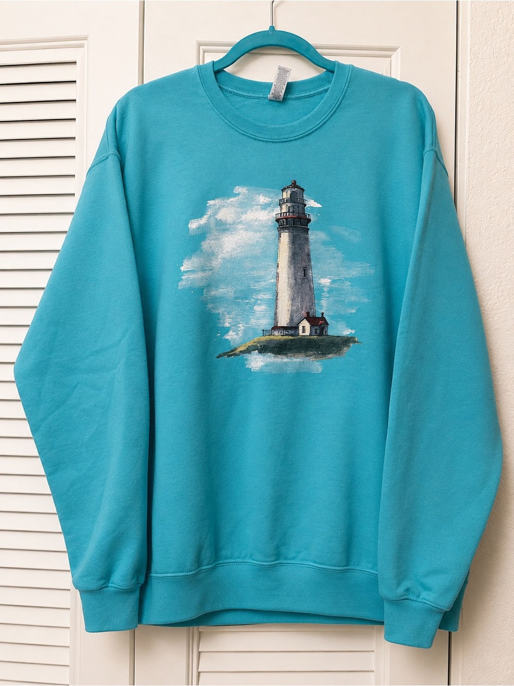 Aqua Blue Jerzees Nublend Plus New Lighthouse Clouds Graphic Sweatshirt LARGE - Picture 2 of 5